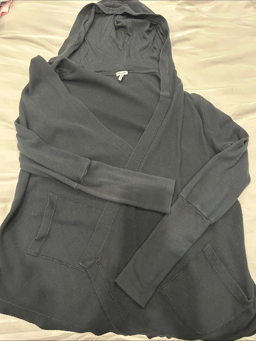 Splendid Black Hoodie Waffle-Knit Cardigan - Charcoal S